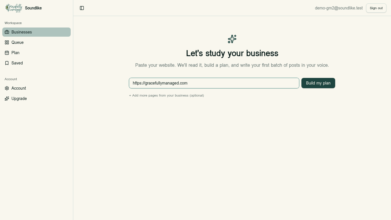 Soundlike onboarding screen with a website URL pasted in and a Build my plan button.